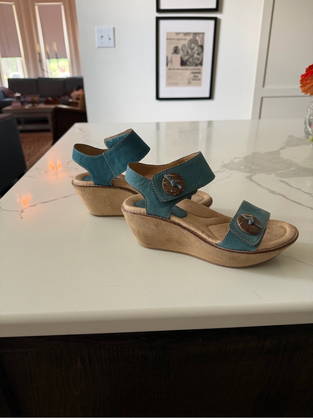 Earth Teal Suede Wedge Sandals with Decorative Button Accents